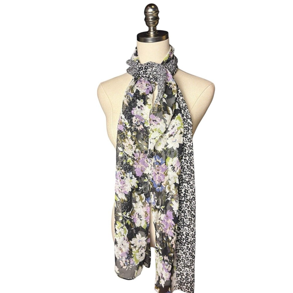 J. Jill 100% Silk Floral Women's Scarf Black Purple 20x64
